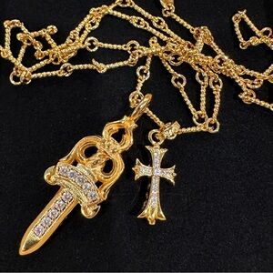 Gold Pendant Necklace with Cross and Sword Charms